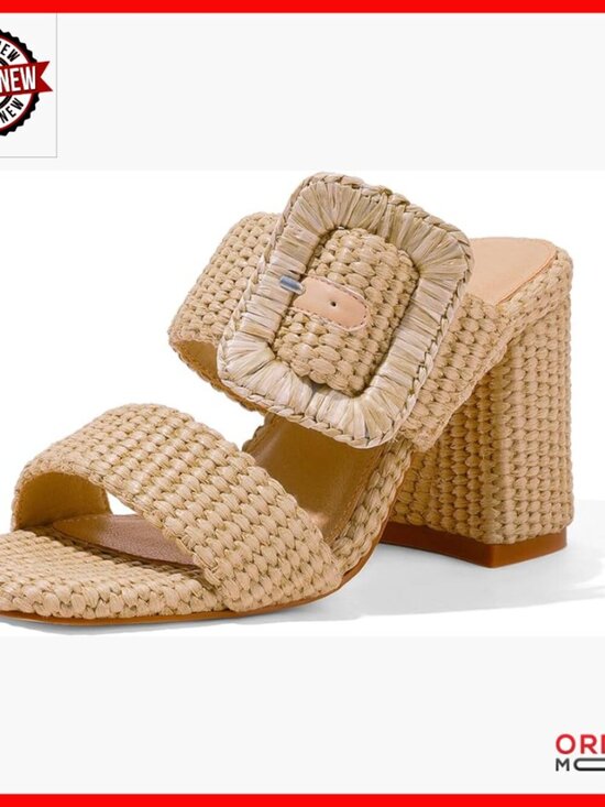 Shoes - Woven Raffia Heeled Mules with Square Toe and Chunky Block Heels